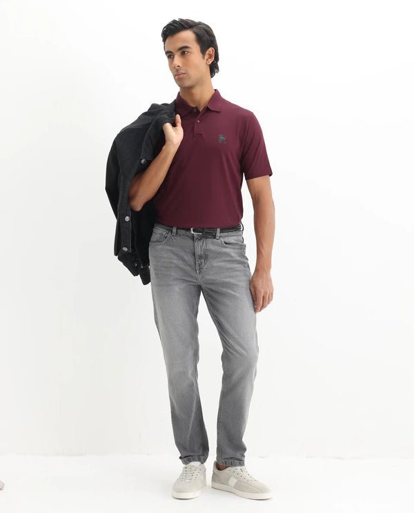Rare Rabbit Men Merko Maroon Cotton Blend Fabric Short Sleeve Collared Neck Snap Button Closure Leather Badge Detail Plain Polo T-Shirt