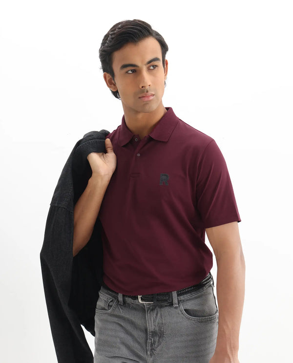 Rare Rabbit Men Merko Maroon Cotton Blend Fabric Short Sleeve Collared Neck Snap Button Closure Leather Badge Detail Plain Polo T-Shirt