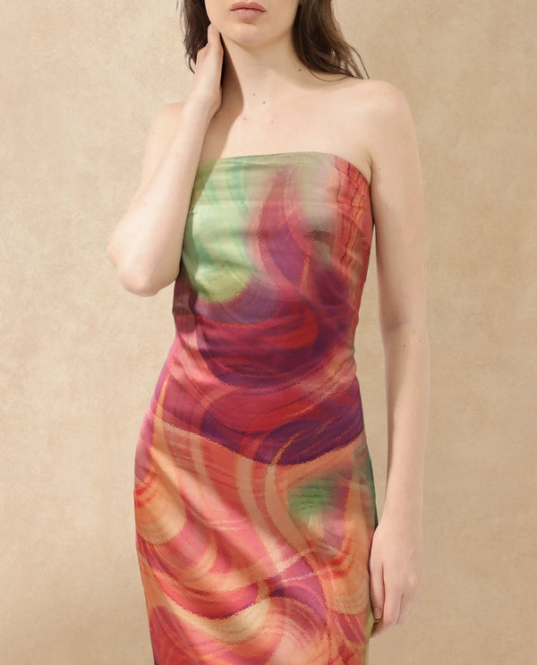 Rareism Women Mermaid Multi Polyester Fabric Zip Closure Tube Neck Sleeveless Regular Fit Abstract Print Midi Bodycon Dress