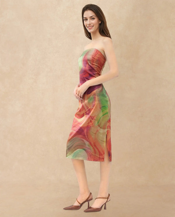 Rareism Women Mermaid Multi Polyester Fabric Zip Closure Tube Neck Sleeveless Regular Fit Abstract Print Midi Bodycon Dress