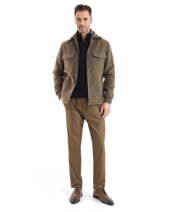 Rare Rabbit Men Meron Olive Poly Rayon Fabric Full Sleeve High Neck with Detachable Hood Zipper Closure Relaxed Fit Textured Jacket