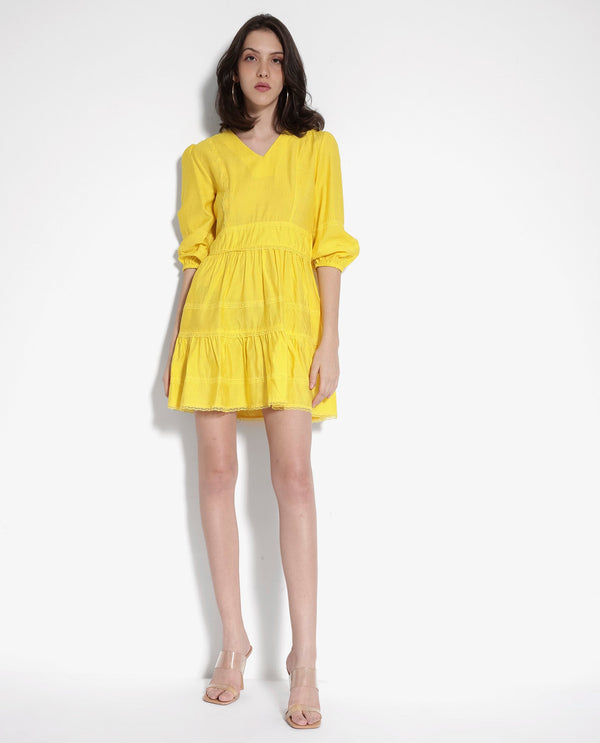 Rareism Women Meruf Yellow Poly Viscose Fabric 3/4Th Sleeves Zip Closure V-Neck Balloon Sleeve Regular Fit Plain Short Empire Dress