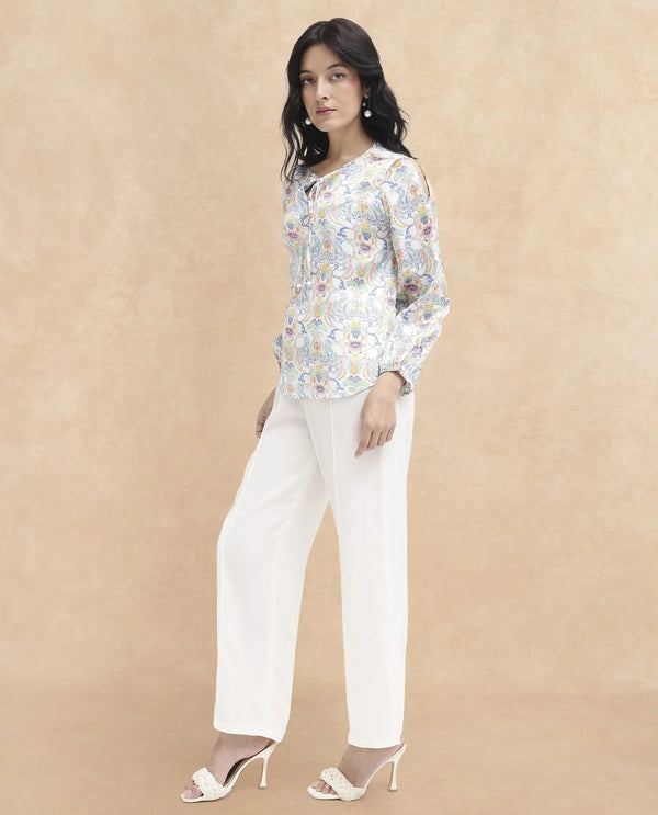 Rareism Women Mester Multi Polyester Fabric Full Sleeve Key Hole Neck Abstract Print Regular Length Top