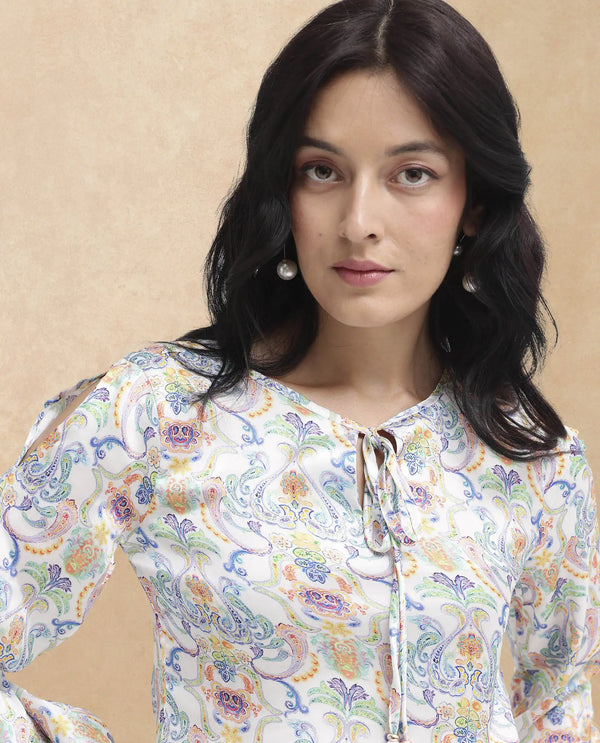 Rareism Women Mester Multi Polyester Fabric Full Sleeve Key Hole Neck Abstract Print Regular Length Top