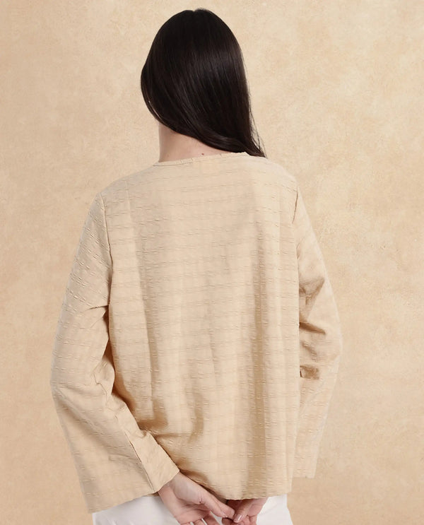 Rareism Women Metio Light Beige Full Sleeve Tie Up Neck  Relaxed Fit Plain Top