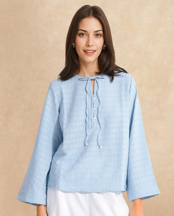 Rareism Women Metio Blue Full Sleeve Tie Up Neck  Relaxed Fit Plain Top