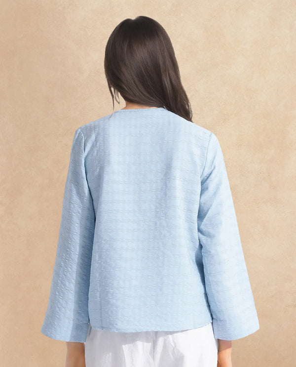 Rareism Women Metio Blue Full Sleeve Tie Up Neck  Relaxed Fit Plain Top
