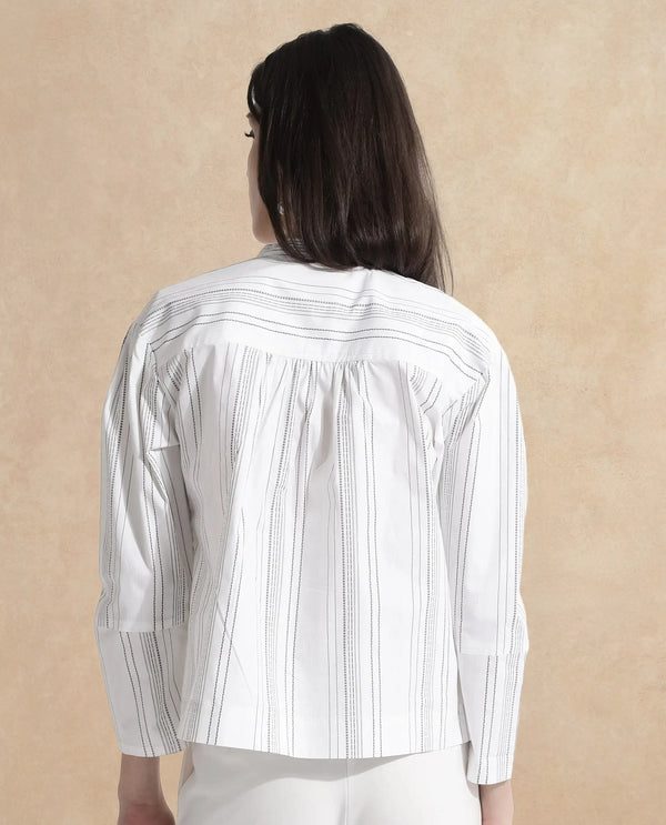 Rareism Women Meton White Full Sleeve Mandarin Neck  Relaxed Fit Narrow Stripes Top