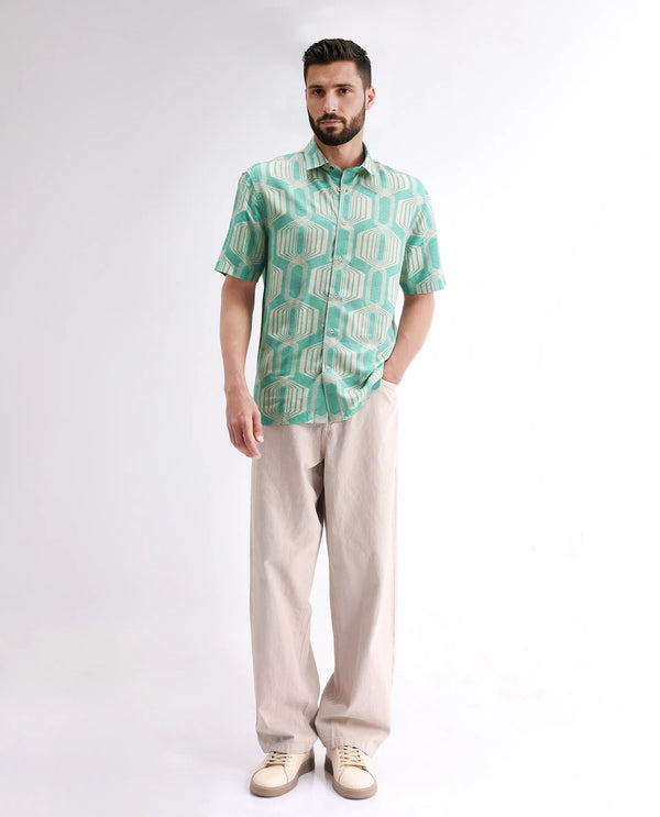 Rare Rabbit Men Met Turq Viscose Fabric Short Sleeve Spread Collar Button Closure Geometric Print Shirt