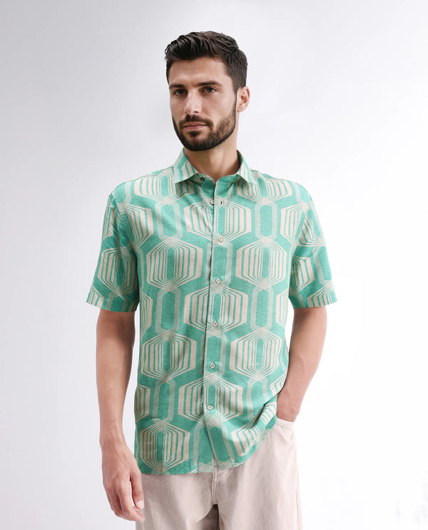 Rare Rabbit Men Met Turq Viscose Fabric Short Sleeve Spread Collar Button Closure Geometric Print Shirt