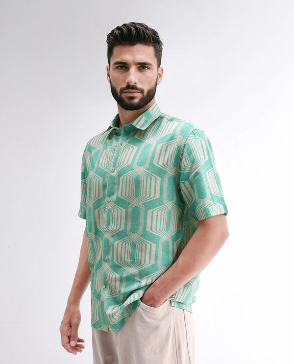 Rare Rabbit Men Met Turq Viscose Fabric Short Sleeve Spread Collar Button Closure Geometric Print Shirt