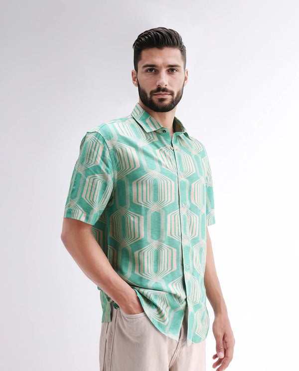 Rare Rabbit Men Met Turq Viscose Fabric Short Sleeve Spread Collar Button Closure Geometric Print Shirt