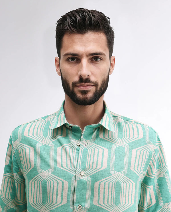 Rare Rabbit Men Met Turq Viscose Fabric Short Sleeve Spread Collar Button Closure Geometric Print Shirt