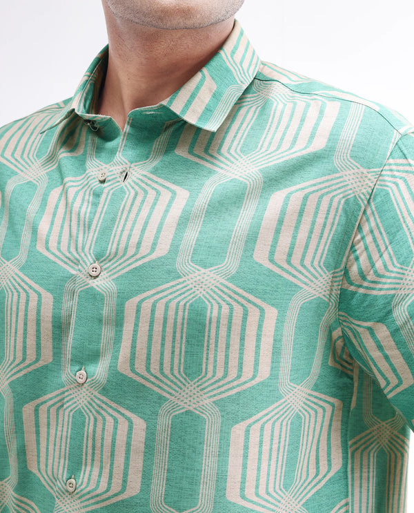 Rare Rabbit Men Met Turq Viscose Fabric Short Sleeve Spread Collar Button Closure Geometric Print Shirt