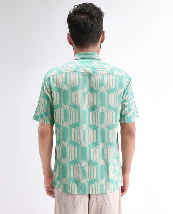 Rare Rabbit Men Met Turq Viscose Fabric Short Sleeve Spread Collar Button Closure Geometric Print Shirt