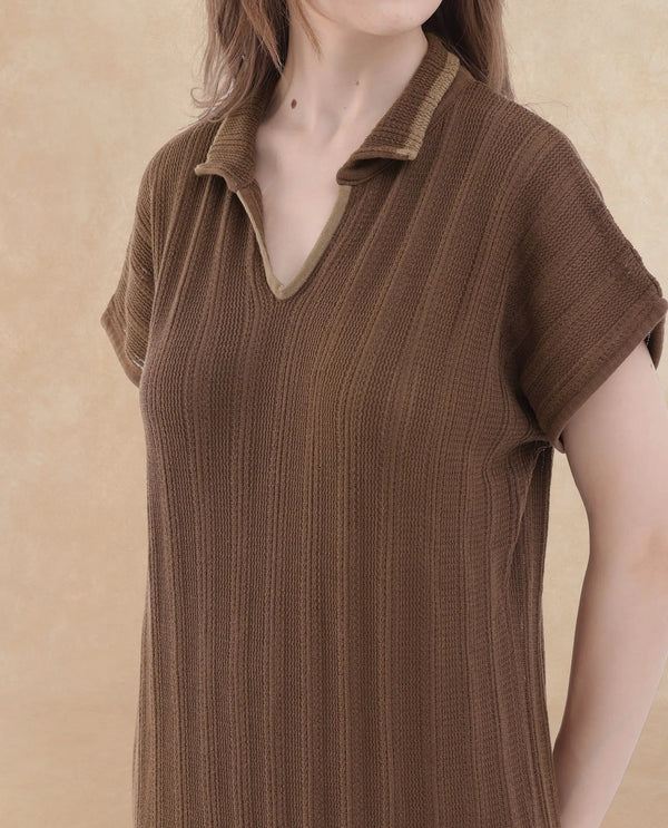 Rareism Women's Meyora Brown Cotton Fabric V-Neck Slip-On Closure Half Sleeve Striped Relaxed Fit Maxi Dress