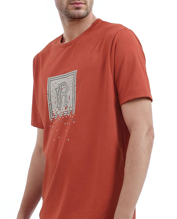 Rare Rabbit Men Mezoc Dark Rust Cotton Poly Fabric Short Sleeve Crew Neck Relaxed Fit HD Print T-Shirt
