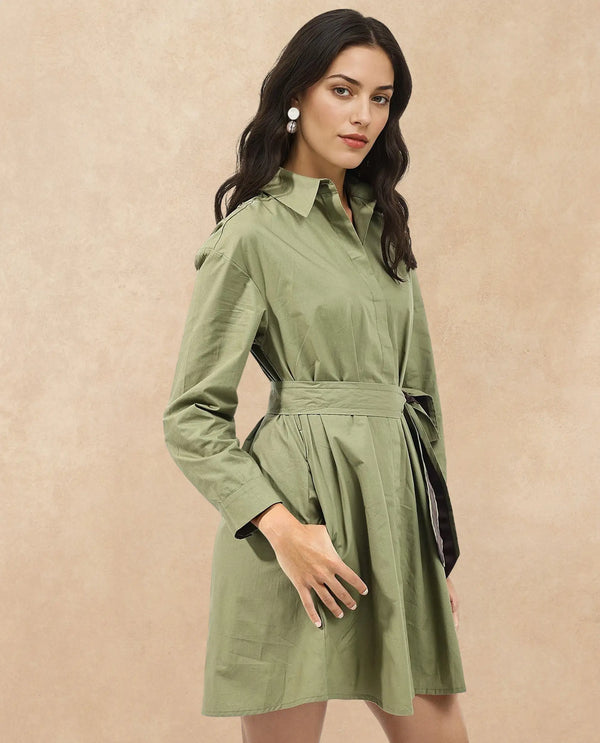 Rareism Women Meztli Green Cotton Fabric Over-Dyed Shirt Dress