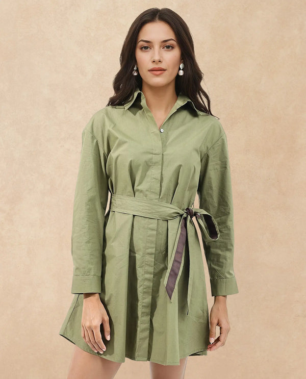 Rareism Women Meztli Green Cotton Fabric Over-Dyed Shirt Dress