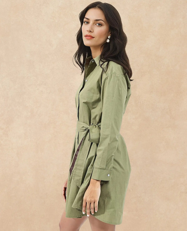 Rareism Women Meztli Green Cotton Fabric Over-Dyed Shirt Dress