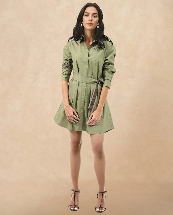 Rareism Women Meztli Green Cotton Fabric Over-Dyed Shirt Dress
