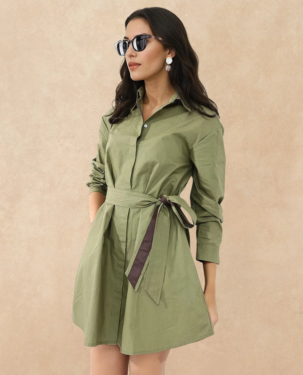 Rareism Women Meztli Green Cotton Fabric Over-Dyed Shirt Dress