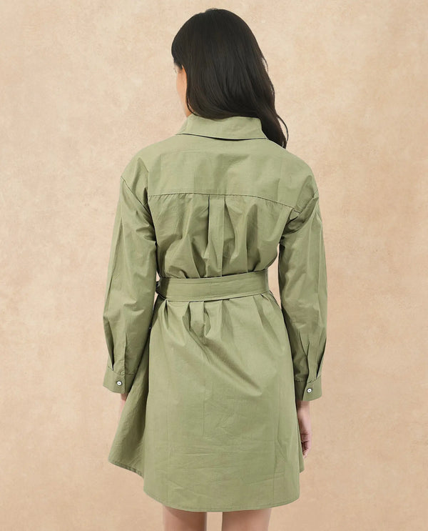 Rareism Women Meztli Green Cotton Fabric Over-Dyed Shirt Dress