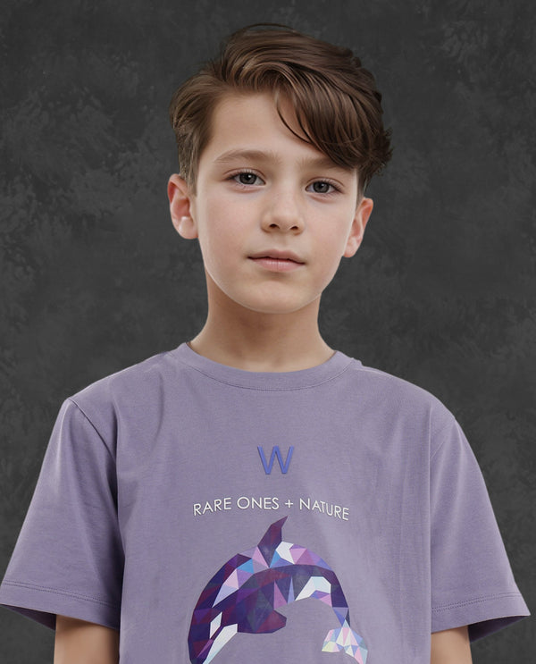 Rare Ones Kids Micah Purple Cotton Fabric Half Sleeves Crew Neck Animal Graphic Print T-Shirt