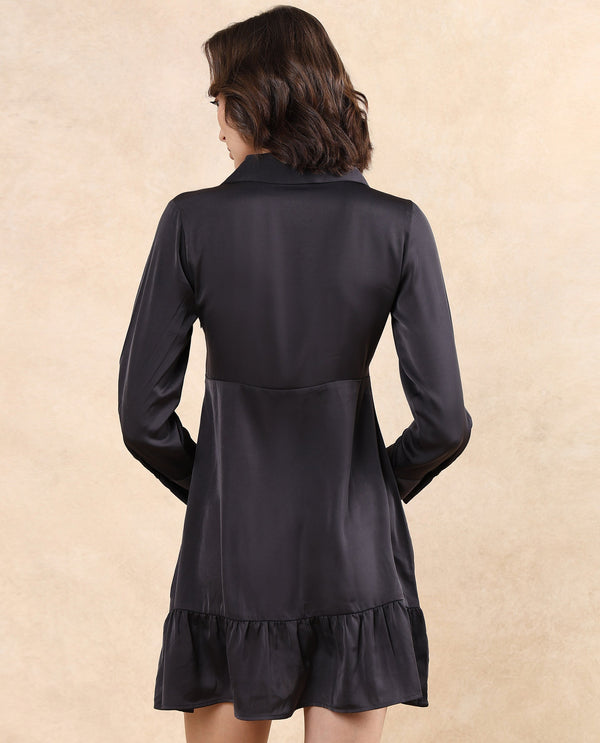 Rareism Women Michiko Grey Satin Cuffed Sleeve Lapel Neck Zipper Closure Fit And Flare Mini Plain Dress