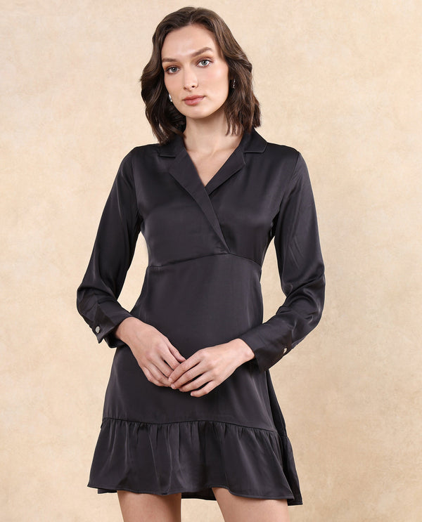 Rareism Women Michiko Grey Satin Cuffed Sleeve Lapel Neck Zipper Closure Fit And Flare Mini Plain Dress