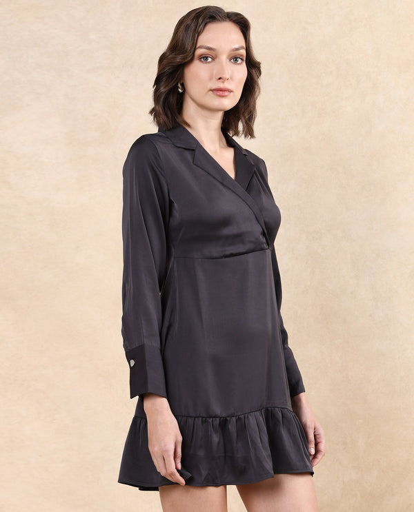 Rareism Women Michiko Grey Satin Cuffed Sleeve Lapel Neck Zipper Closure Fit And Flare Mini Plain Dress