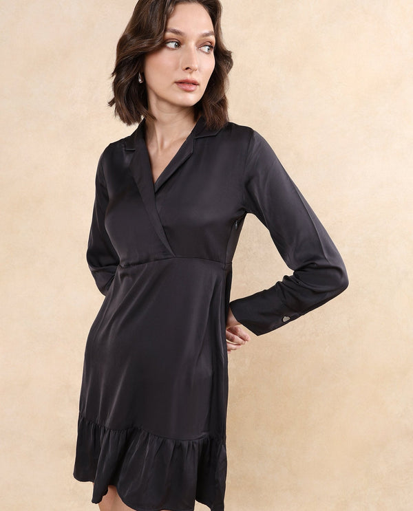 Rareism Women Michiko Grey Satin Cuffed Sleeve Lapel Neck Zipper Closure Fit And Flare Mini Plain Dress