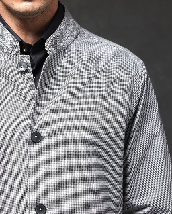 Rare Rabbit Mens Mico Black Polyester Viscose Fabric Blend Full Sleeve Mandarin Collar Regular Fit Micro Checks Jacket
