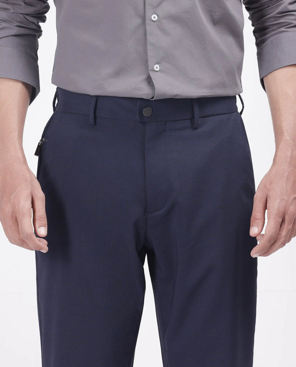 Rare Rabbit Men Micras Navy Cotton Blend Fabric Regular Fit Micro Checked Trouser