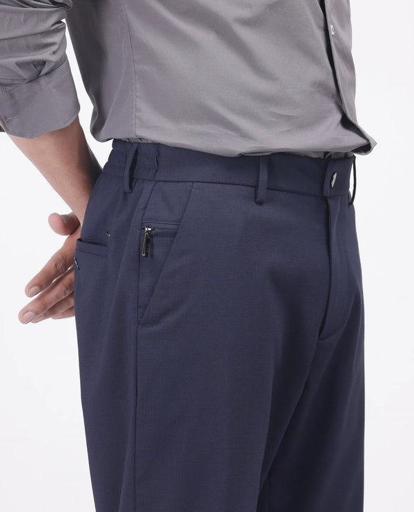 Rare Rabbit Men Micras Navy Cotton Blend Fabric Regular Fit Micro Checked Trouser