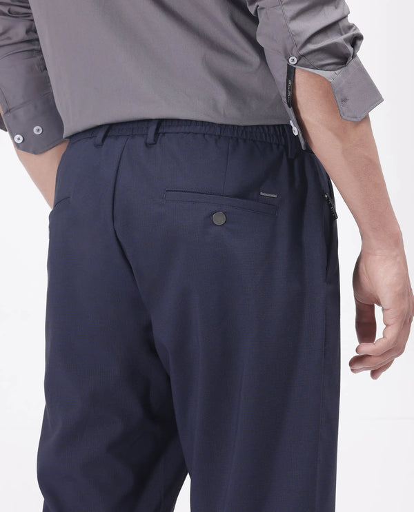Rare Rabbit Men Micras Navy Cotton Blend Fabric Regular Fit Micro Checked Trouser