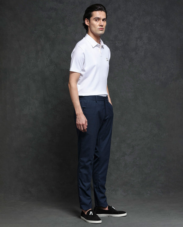 Rare Rabbit Men's Microl Navy Solid Mid-Rise Premium Regular Fit Trouser