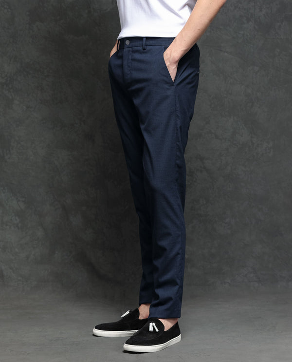 Rare Rabbit Men's Microl Navy Solid Mid-Rise Premium Regular Fit Trouser