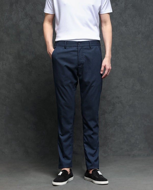 Rare Rabbit Men's Microl Navy Solid Mid-Rise Premium Regular Fit Trouser