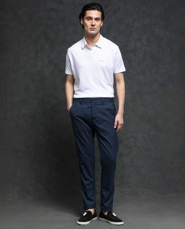 Rare Rabbit Men's Microl Navy Solid Mid-Rise Premium Regular Fit Trouser