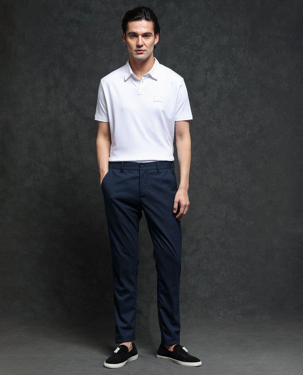 Rare Rabbit Men's Microl Navy Solid Mid-Rise Premium Regular Fit Trouser