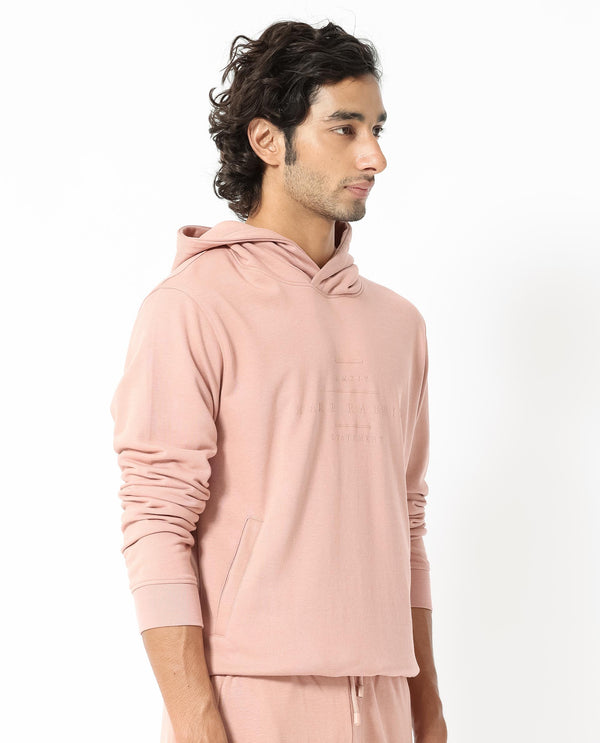 Rare Rabbit Mens Mile Peach Cotton Polyester Fabric Full Sleeves Graphic Printed Logo Hooded Sweatshirt