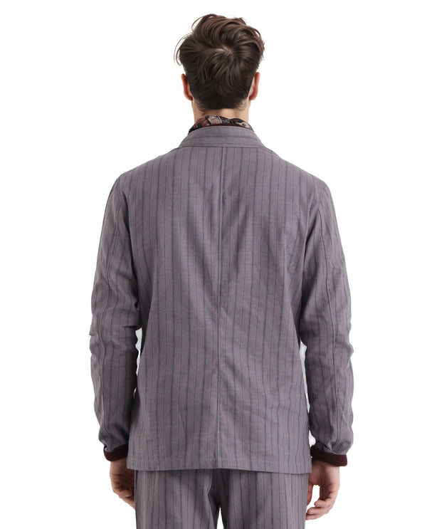 Rare Rabbit Men Miler Dusky Purple Cotton Linen Fabric Full Sleeve Mandarin Collar Twill Striped Jacket