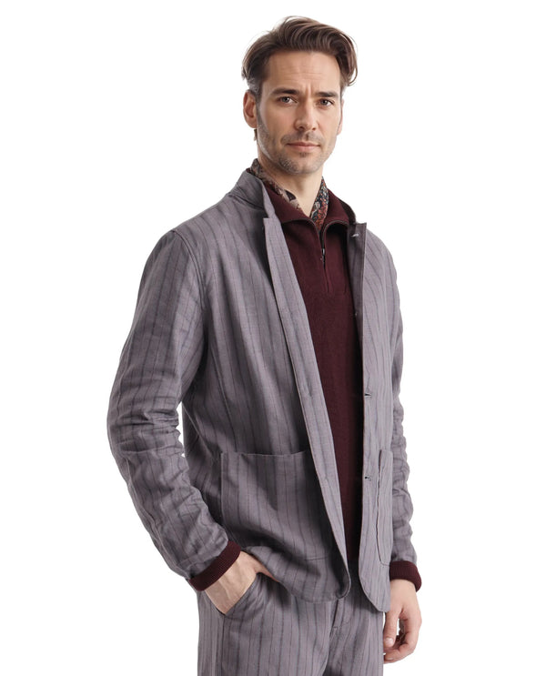 Rare Rabbit Men Miler Dusky Purple Cotton Linen Fabric Full Sleeve Mandarin Collar Twill Striped Jacket