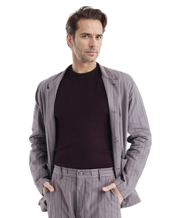 Rare Rabbit Men Miler Dusky Purple Cotton Linen Fabric Full Sleeve Mandarin Collar Twill Striped Jacket