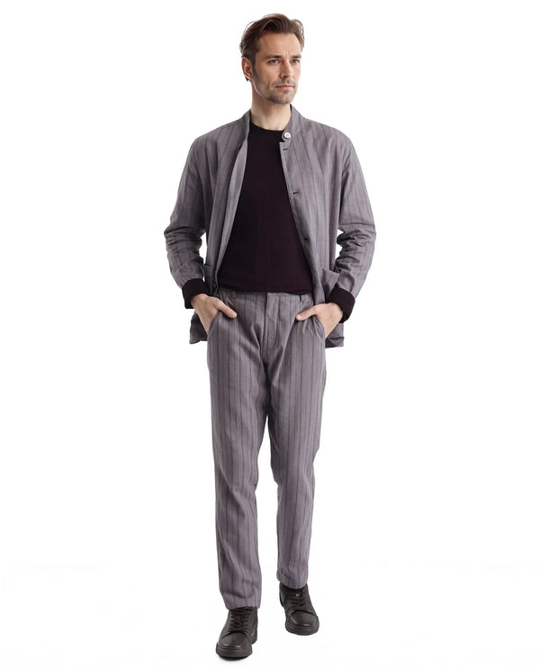 Rare Rabbit Men Miler Dusky Purple Cotton Linen Fabric Full Sleeve Mandarin Collar Twill Striped Jacket
