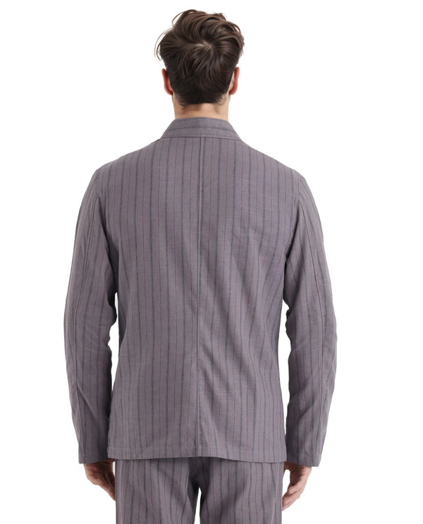 Rare Rabbit Men Miler Dusky Purple Cotton Linen Fabric Full Sleeve Mandarin Collar Twill Striped Jacket