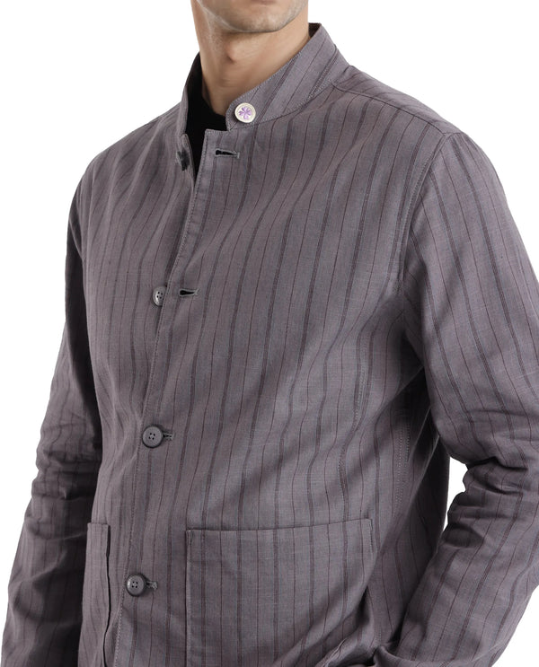 Rare Rabbit Men Miler Dusky Purple Cotton Linen Fabric Full Sleeve Mandarin Collar Twill Striped Jacket