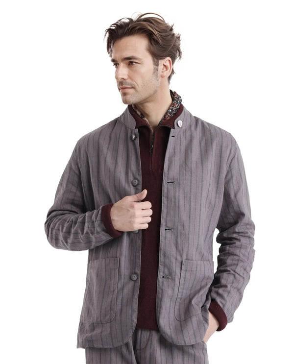 Rare Rabbit Men Miler Dusky Purple Cotton Linen Fabric Full Sleeve Mandarin Collar Twill Striped Jacket