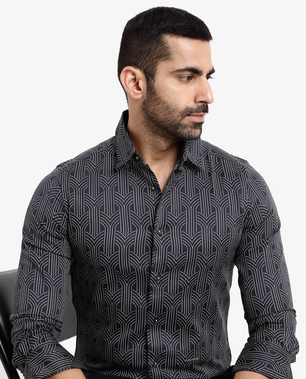 Rare Rabbit Men's Millens Black Cotton Fabric Geometric Print Full Sleeves Shirt